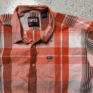 Eynce Orange White Mens Plaid Button Up Shirt Y2K XXL Loose Fit Striped Short